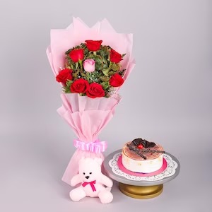 Red Rose Bouquet & Butterscotch Cake With Teddy